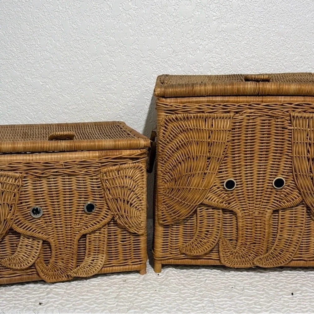 Two Adorable Vintage Elephant Design Wicker Storage Trunks/Baskets - Brown